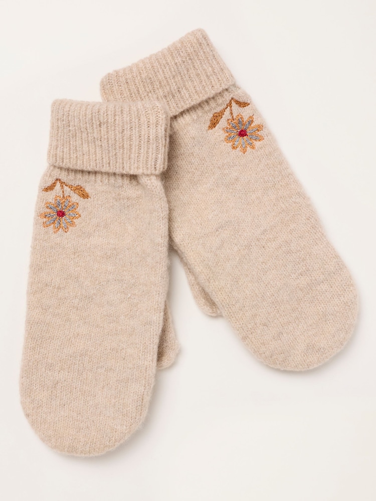 FatFace Oatmeal Floral Embroidered Overflap Mittens - Image 1 of 3