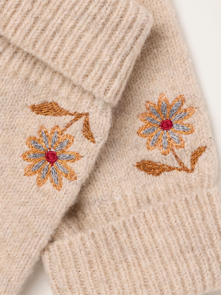 FatFace Oatmeal Floral Embroidered Overflap Mittens - Image 3 of 3