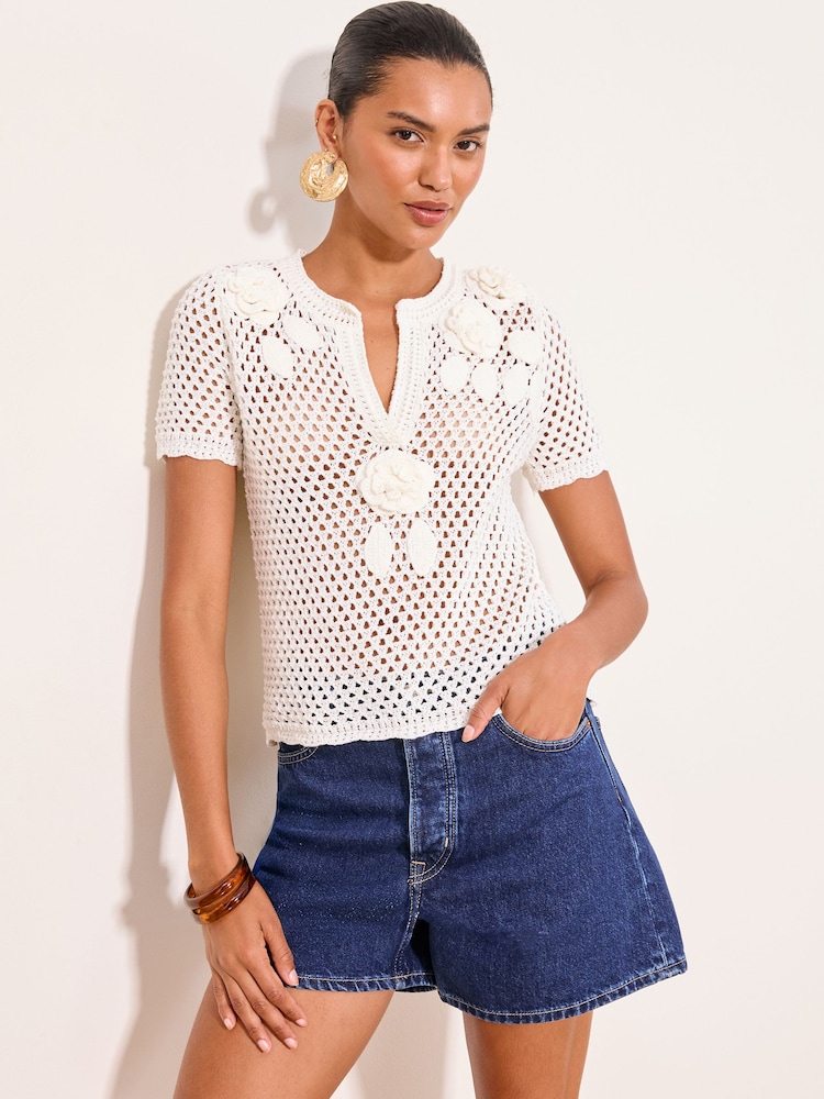 Lipsy White 3D Flower Crochet T-Shirt - Image 1 of 4 Lipsy White 3D Flower Crochet T-Shirt - Image 1 of 4