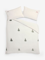 White Embroidered Christmas Tree Brushed Cotton Duvet Cover and Pillowcase Set - Image 1 of 3