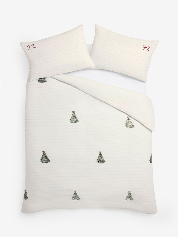 White Embroidered Christmas Tree Brushed Cotton Duvet Cover and Pillowcase Set - Image 1 of 3 White Embroidered Christmas Tree Brushed Cotton Duvet Cover and Pillowcase Set - Image 1 of 3