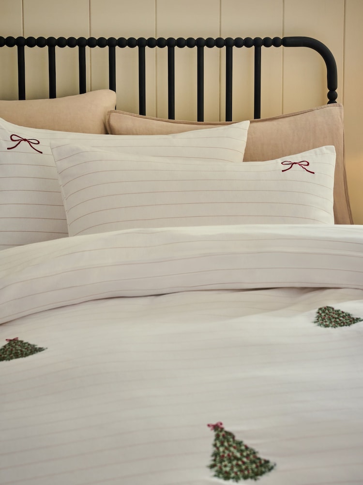 White Embroidered Christmas Tree Brushed Cotton Duvet Cover and Pillowcase Set - Image 2 of 3 White Embroidered Christmas Tree Brushed Cotton Duvet Cover and Pillowcase Set - Image 2 of 3
