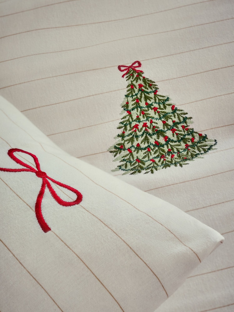 White Embroidered Christmas Tree Brushed Cotton Duvet Cover and Pillowcase Set - Image 3 of 3 White Embroidered Christmas Tree Brushed Cotton Duvet Cover and Pillowcase Set - Image 3 of 3