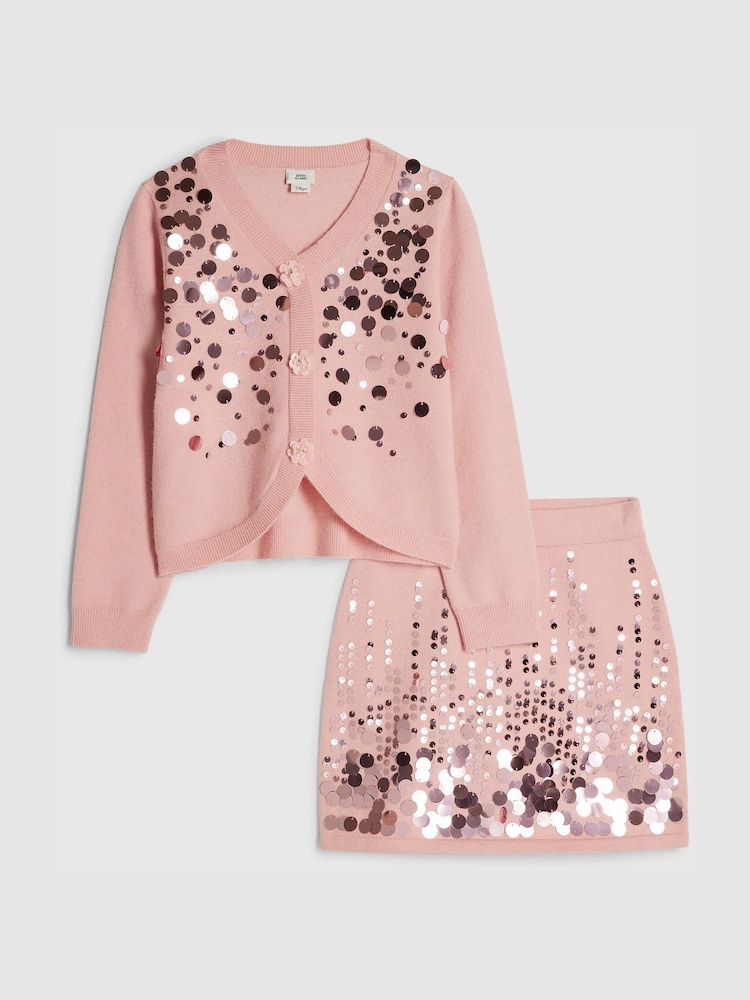 River Island Pink Sequin Cardigan & Skirt Set - Image 1 of 4 River Island Pink Sequin Cardigan & Skirt Set - Image 1 of 4
