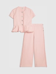 River Island Pink Denim Button Peplum Top & Wide Leg Jeans Set - Image 1 of 5