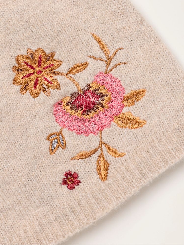 FatFace Oatmeal Floral Embroidered Beanie - Image 3 of 3 FatFace Oatmeal Floral Embroidered Beanie - Image 3 of 3