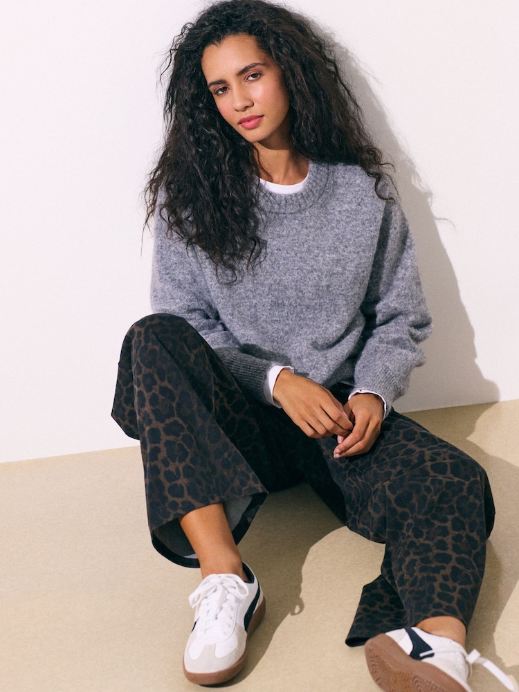Leopard Jersey Denim Wide Leg Trousers - Image 1 of 8 Leopard Jersey Denim Wide Leg Trousers - Image 1 of 8