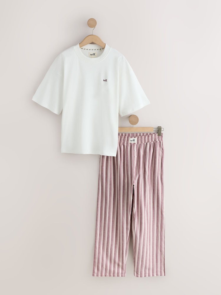 self. Pink Ecru Stripe Stripe Short Sleeve Pyjamas - Image 1 of 3 self. Pink Ecru Stripe Stripe Short Sleeve Pyjamas - Image 1 of 3