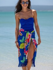 Pour Moi Blue Marl Fringe Trim Crinkle Multiway Sarong - Image 1 of 4