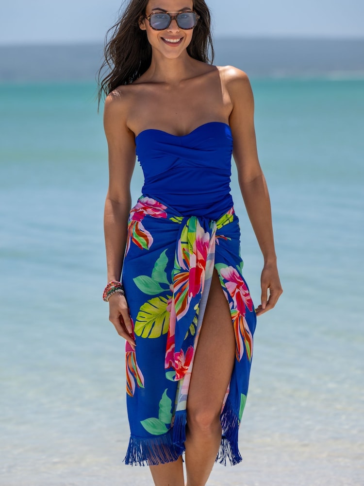 Pour Moi Blue Marl Fringe Trim Crinkle Multiway Sarong - Image 1 of 4 Pour Moi Blue Marl Fringe Trim Crinkle Multiway Sarong - Image 1 of 4