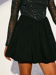 Lipsy Black Glitter Mesh 2-in-1 Puff Hem Party Dress (5-16yrs) - Image 2 of 5