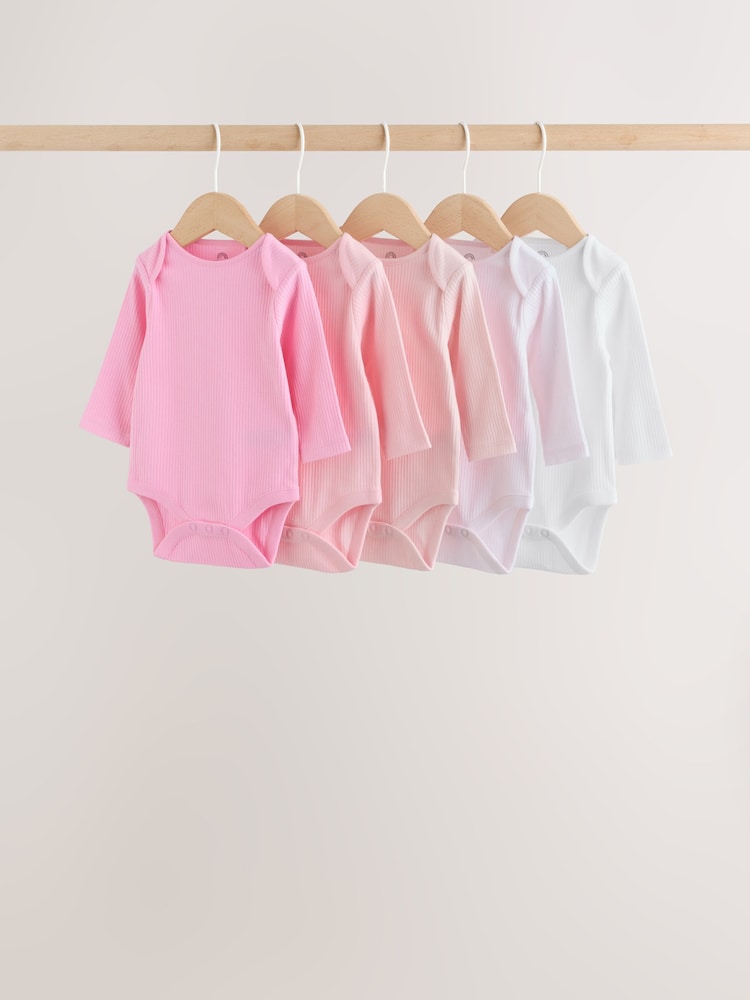 Pink/White Long Sleeve Baby Bodysuits 5 Pack - Image 1 of 14