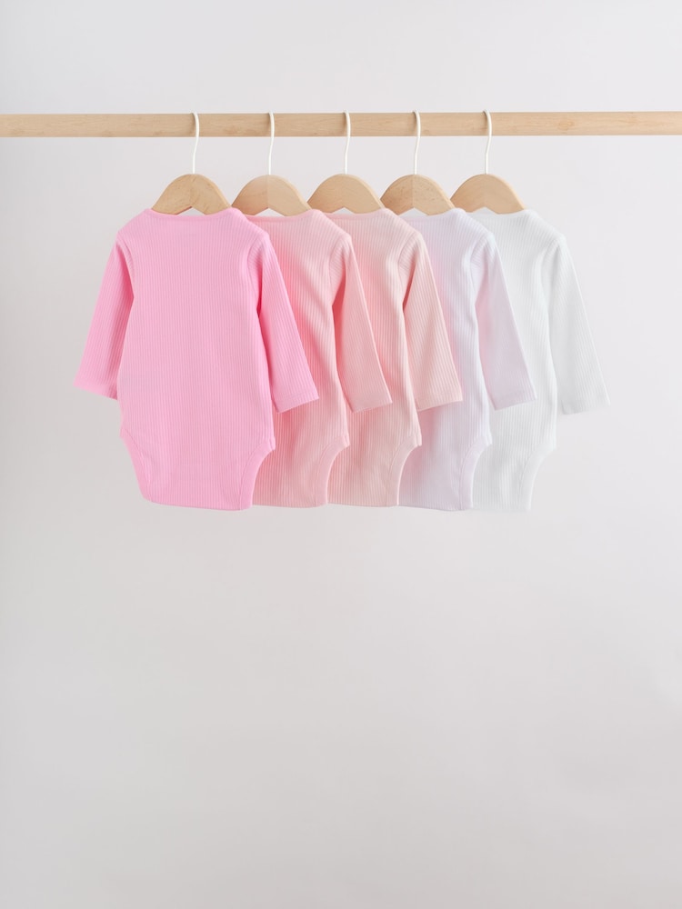 Pink/White Long Sleeve Baby Bodysuits 5 Pack - Image 2 of 14