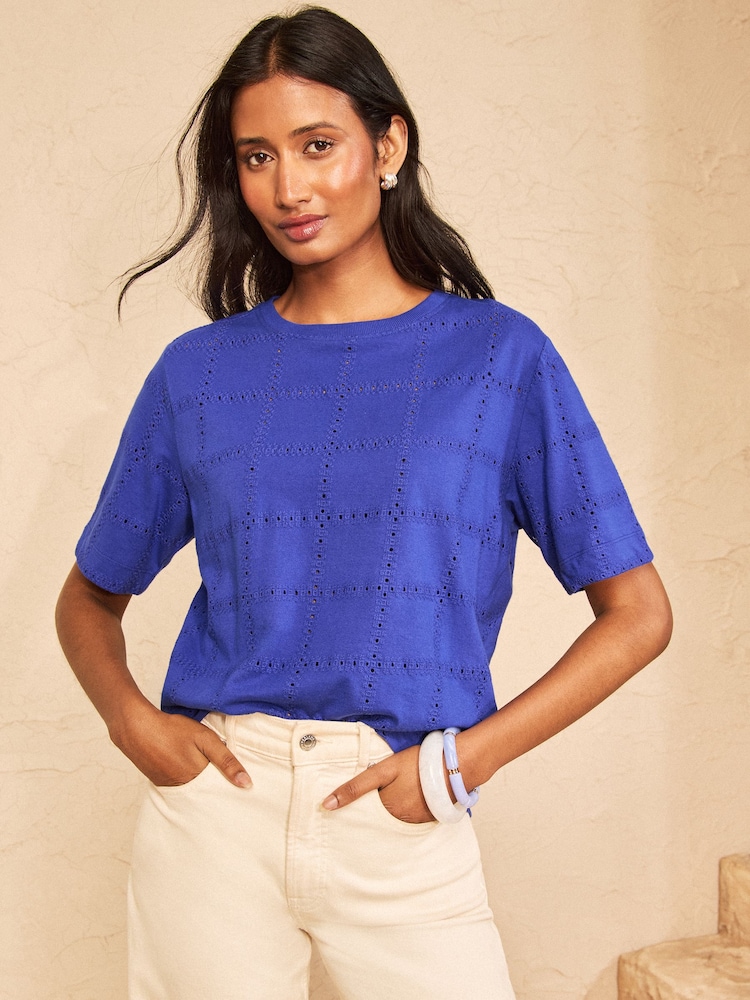 Love & Roses Cobalt Blue Broderie T-Shirt - Image 1 of 5 Love & Roses Cobalt Blue Broderie T-Shirt - Image 1 of 5