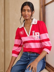 Love & Roses Red and Pink Collared 3/4 Sleeve Embroidered Sweatshirt - Image 1 of 4