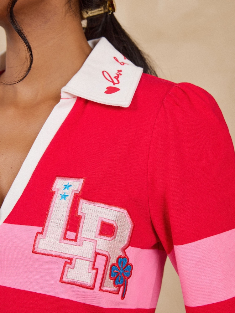 Love & Roses Red and Pink Collared 3/4 Sleeve Embroidered Sweatshirt - Image 2 of 4