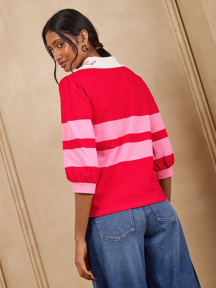 Love & Roses Red and Pink Collared 3/4 Sleeve Embroidered Sweatshirt - Image 4 of 4