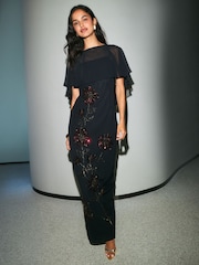 Friends Like These Black Chiffon Embellished Cape Sleeve Midi Dress - Image 1 of 5