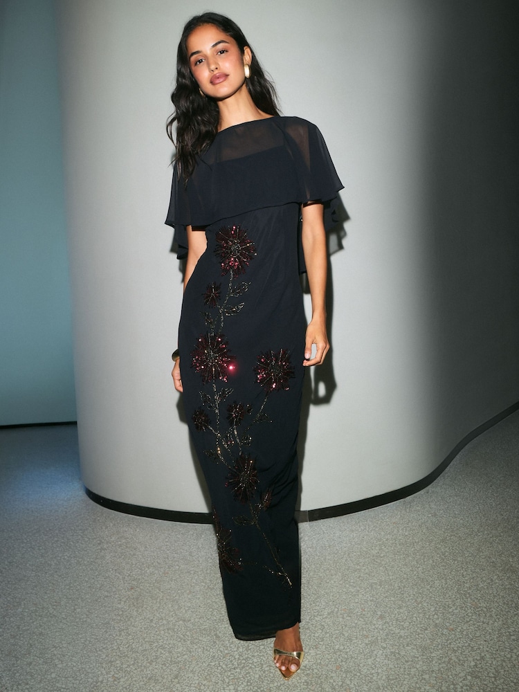Friends Like These Black Chiffon Embellished Cape Sleeve Midi Dress - Image 1 of 5