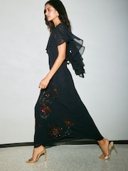Friends Like These Black Chiffon Embellished Cape Sleeve Midi Dress - Image 3 of 5