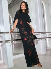 Friends Like These Black Chiffon Embellished Cape Sleeve Midi Dress - Image 4 of 5