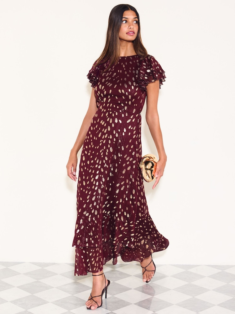 Friends Like These Berry Red Ruffle Short Sleeve Metallic Foil Midi Dress - Image 1 of 6 Friends Like These Berry Red Ruffle Short Sleeve Metallic Foil Midi Dress - Image 1 of 6