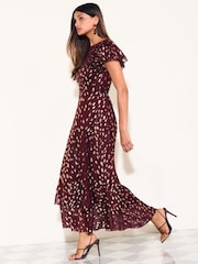 Friends Like These Berry Red Ruffle Short Sleeve Metallic Foil Midi Dress - Image 3 of 6