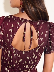 Friends Like These Berry Red Ruffle Short Sleeve Metallic Foil Midi Dress - Image 4 of 6