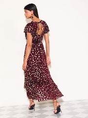 Friends Like These Berry Red Ruffle Short Sleeve Metallic Foil Midi Dress - Image 5 of 6