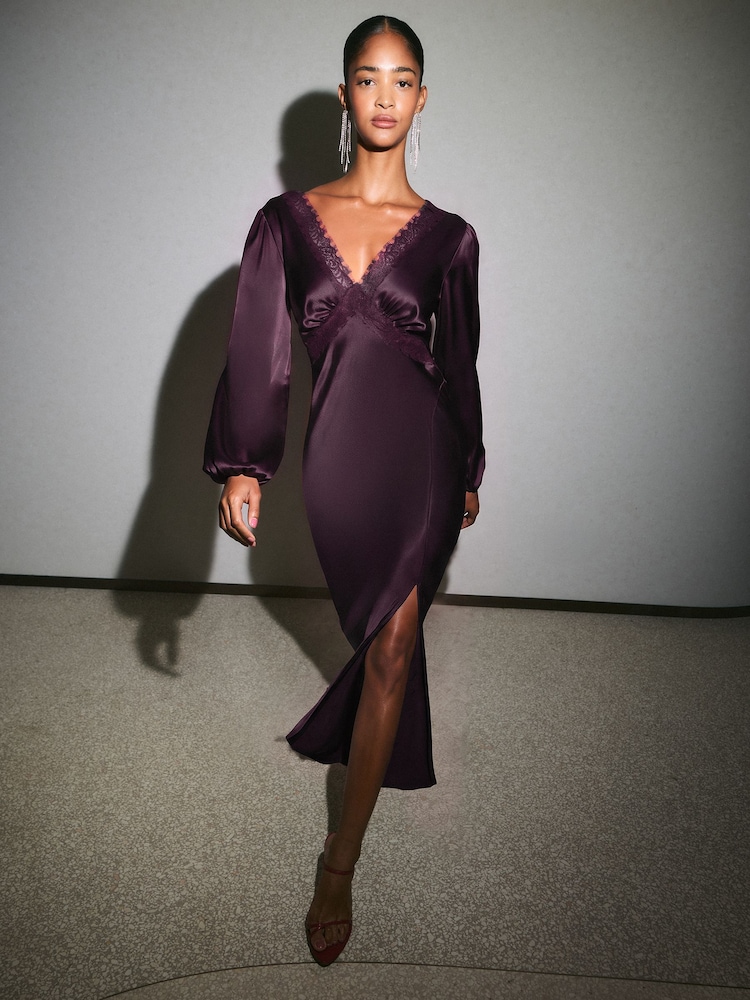 Friends Like These Aubergine Purple Long Sleeve Lace Insert Satin Midi Dress - Image 1 of 6 Friends Like These Aubergine Purple Long Sleeve Lace Insert Satin Midi Dress - Image 1 of 6