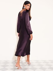 Friends Like These Aubergine Purple Long Sleeve Lace Insert Satin Midi Dress - Image 4 of 6