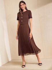 Friends Like These Espresso Brown Short Sleeve 2 in 1 Pleated Midi Dress - Image 1 of 5