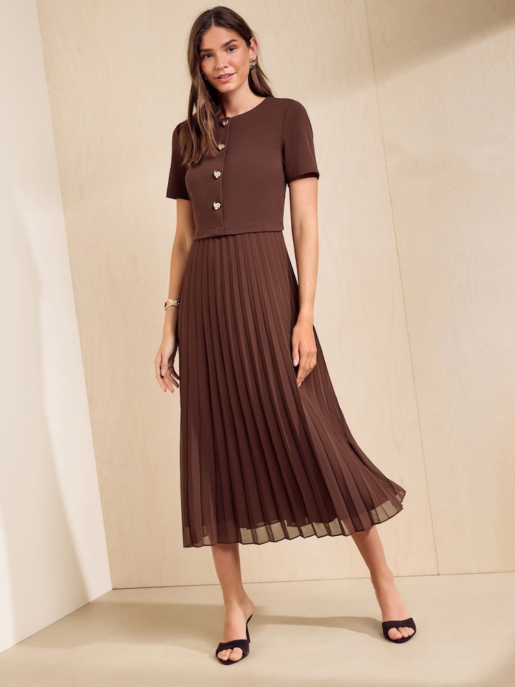 Friends Like These Espresso Brown Short Sleeve 2 in 1 Pleated Midi Dress - Image 1 of 5 Friends Like These Espresso Brown Short Sleeve 2 in 1 Pleated Midi Dress - Image 1 of 5
