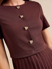 Friends Like These Espresso Brown Short Sleeve 2 in 1 Pleated Midi Dress - Image 2 of 5
