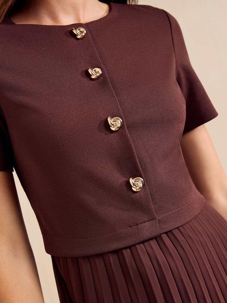 Friends Like These Espresso Brown Short Sleeve 2 in 1 Pleated Midi Dress - Image 2 of 5 Friends Like These Espresso Brown Short Sleeve 2 in 1 Pleated Midi Dress - Image 2 of 5
