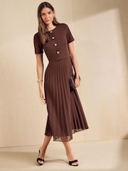 Friends Like These Espresso Brown Short Sleeve 2 in 1 Pleated Midi Dress - Image 3 of 5