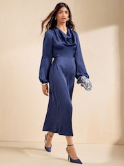 Friends Like These Navy Satin Cowl Neck Long Sleeve Midi Dress - Image 1 of 5