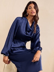 Friends Like These Navy Satin Cowl Neck Long Sleeve Midi Dress - Image 3 of 5