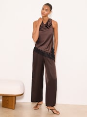 Lipsy Chocolate Brown Satin Wide Leg Trousers - Image 1 of 4