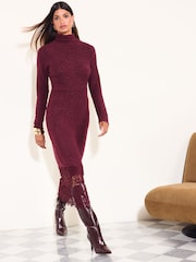 Friends Like These Burgundy Red Cosy Long Sleeve Hardware Midi Dress - Image 1 of 5