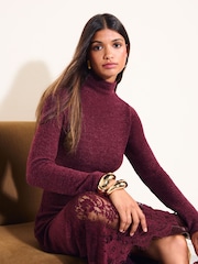 Friends Like These Burgundy Red Cosy Long Sleeve Hardware Midi Dress - Image 4 of 5