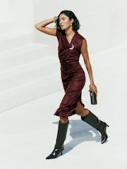 Friends Like These Burgundy Red Suedette Hardware Draped Midi Dress - Image 1 of 4