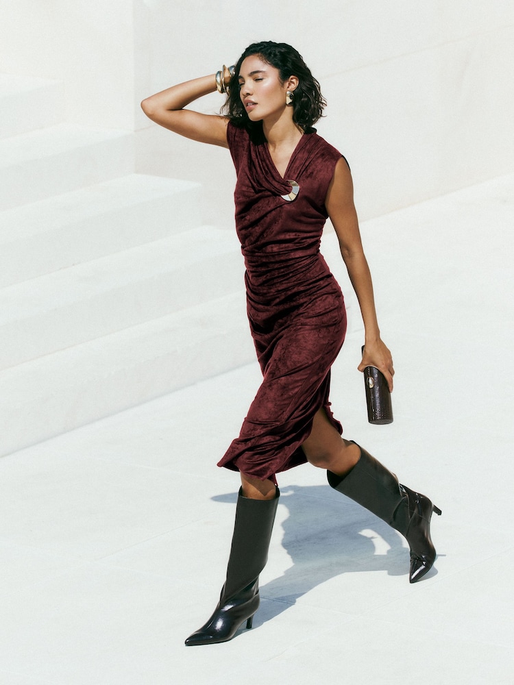 Friends Like These Burgundy Red Suedette Hardware Draped Midi Dress - Image 1 of 4 Friends Like These Burgundy Red Suedette Hardware Draped Midi Dress - Image 1 of 4