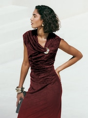Friends Like These Burgundy Red Suedette Hardware Draped Midi Dress - Image 2 of 4