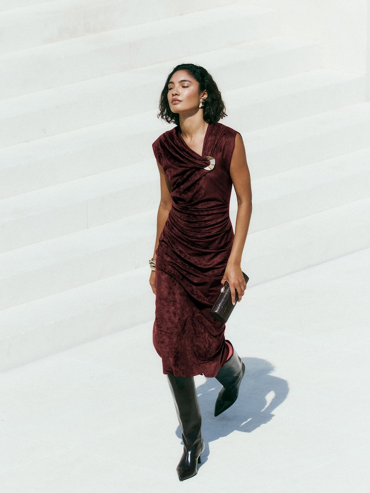 Friends Like These Burgundy Red Suedette Hardware Draped Midi Dress - Image 4 of 4 Friends Like These Burgundy Red Suedette Hardware Draped Midi Dress - Image 4 of 4