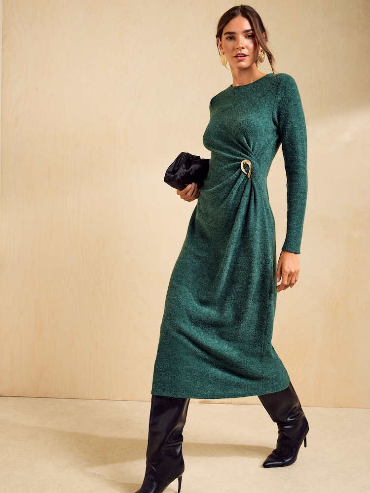 Оливково-зеленые - Friends Like These Cosy Long Sleeve Hardware Detail Midi Dress - Изображение 1 5