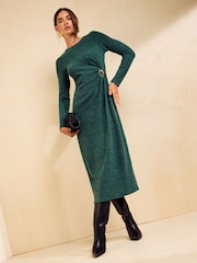 Оливково-зеленые - Friends Like These Cosy Long Sleeve Hardware Detail Midi Dress - Изображение 4 5