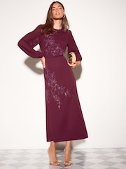 Friends Like These Burgundy Red Floral Embellished Chiffon Long Sleeve Midi Dress - Image 1 of 6