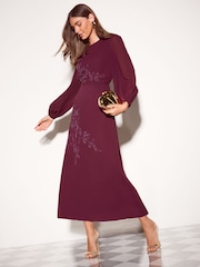 Friends Like These Burgundy Red Floral Embellished Chiffon Long Sleeve Midi Dress - Image 3 of 6
