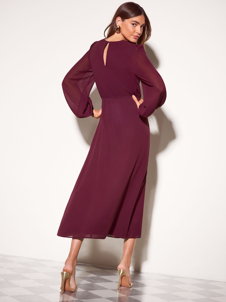 Friends Like These Burgundy Red Floral Embellished Chiffon Long Sleeve Midi Dress - Image 6 of 6